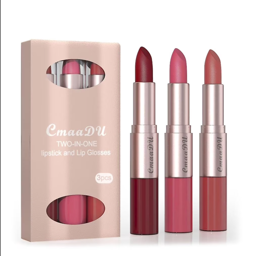 Labiales de doble punta con set incluye tres tonos diferentes en una gama de colores nude, beige y rojo oscuro.
