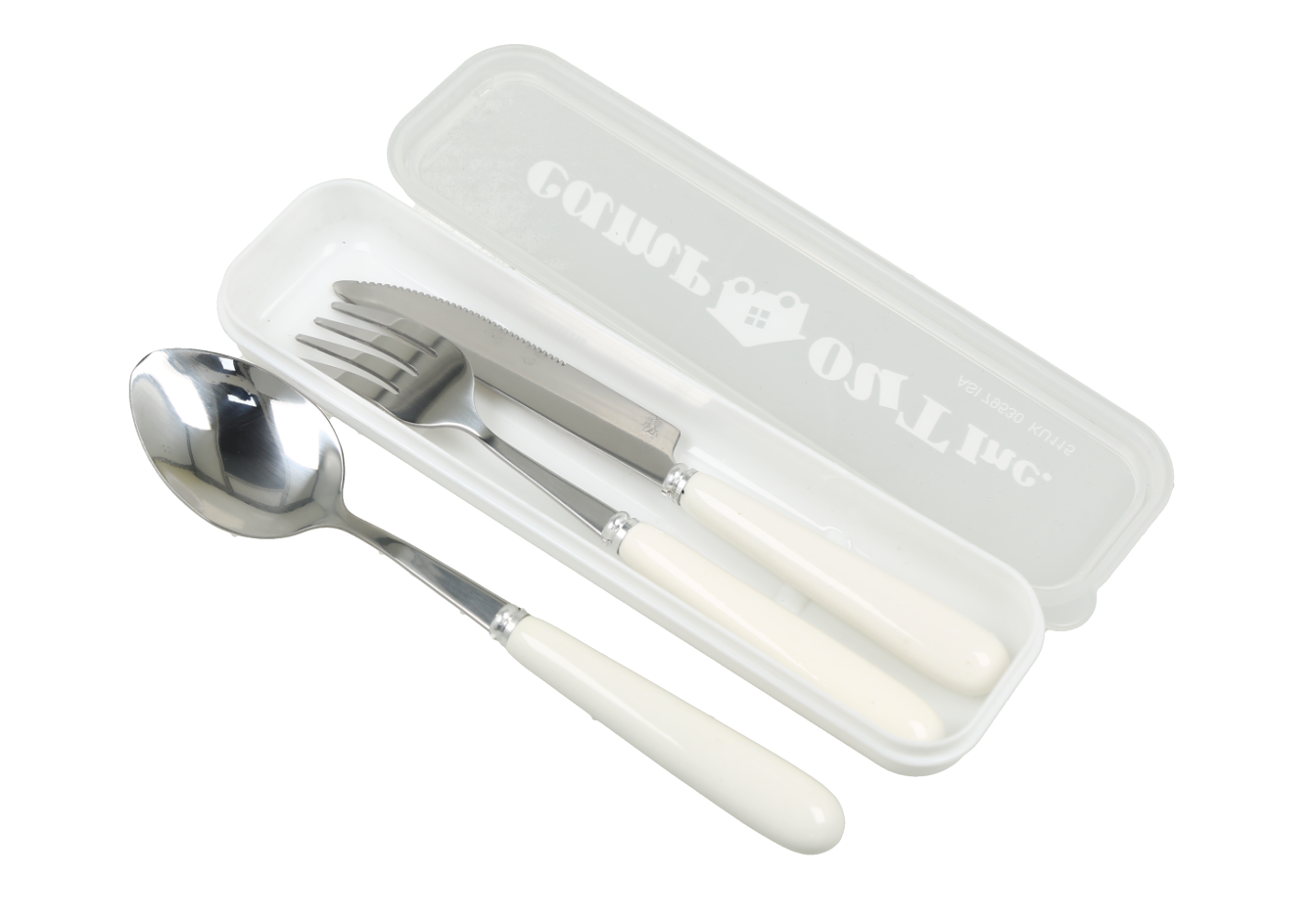 Juego de cubiertos de viaje incluye una cuchara, un tenedor y un cuchillo con mangos blancos.