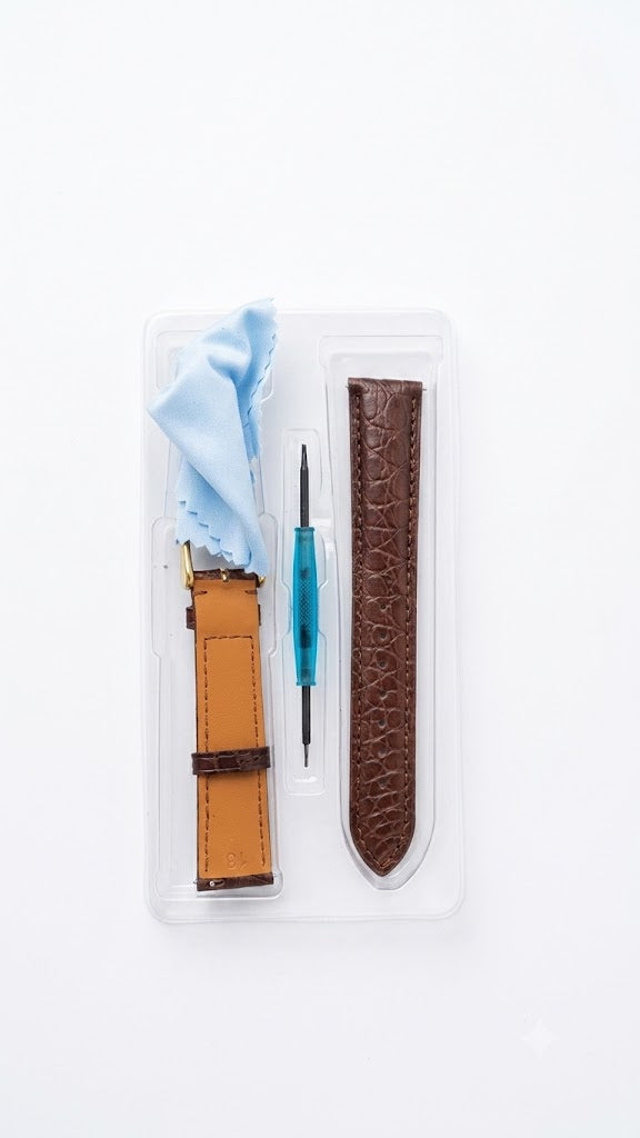 Kit de reemplazo incluye correas de cuero marrón con textura de cocodrilo y una herramienta de resorte para facilitar el cambio.
