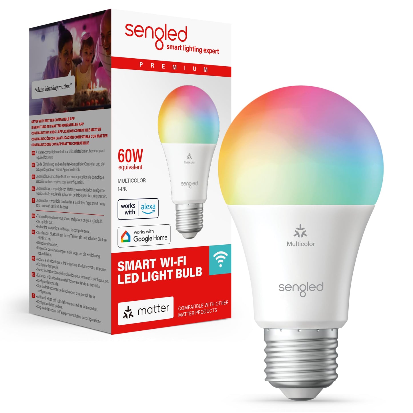 Bombilla LED inteligente Sengled multicolor de 60 vatios equivalente.
