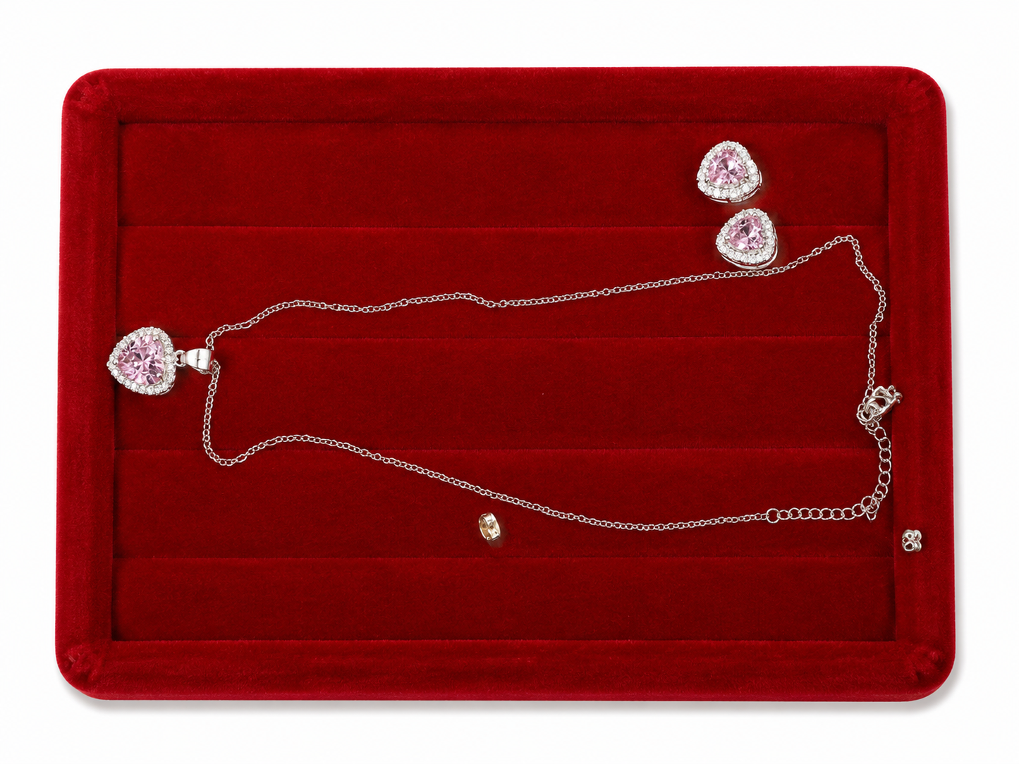 Set de Joyería Corazón Rosa para Mujer – Collar y Aretes Plateados.