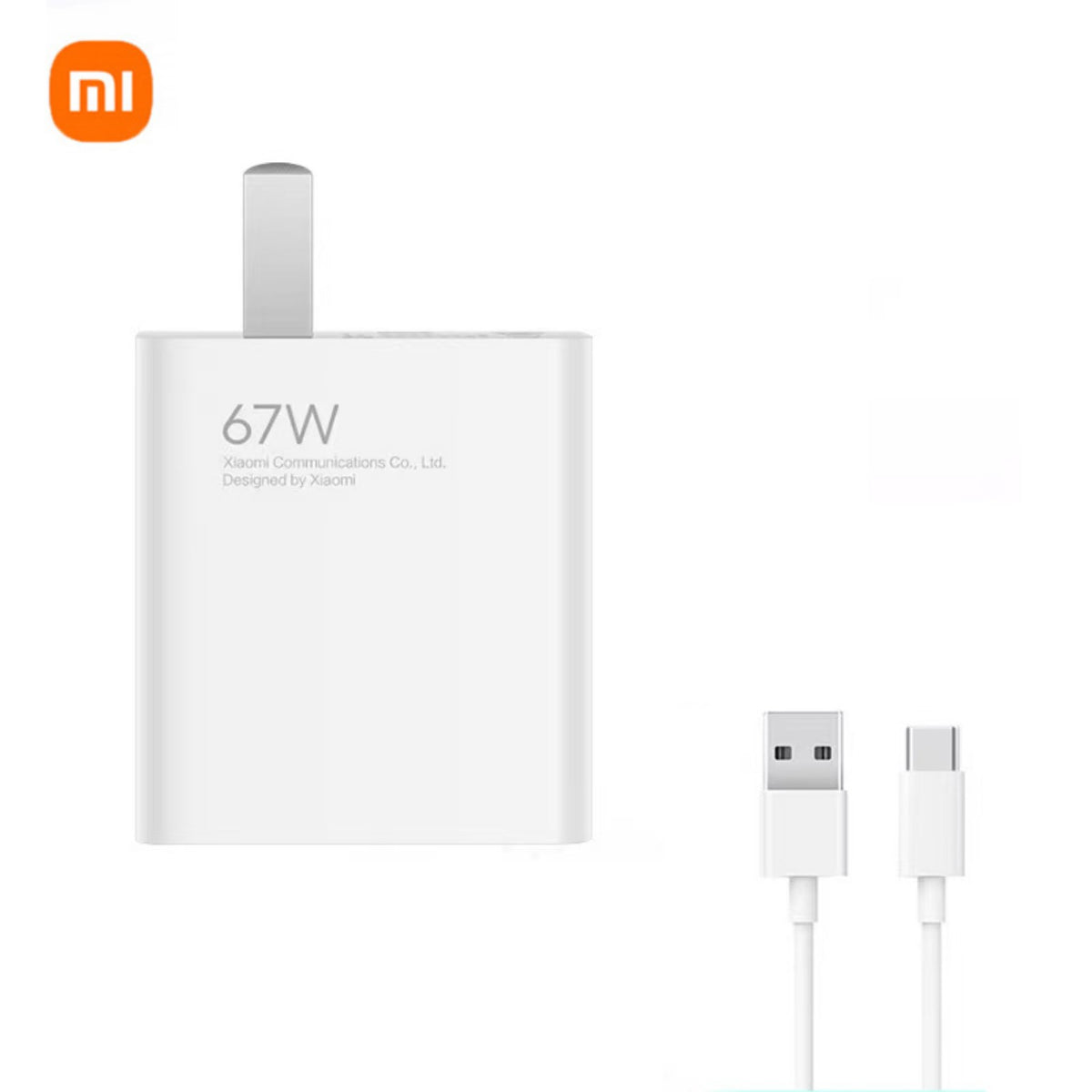 Cargador de carga rápida de 67W con cable USB a USB-C, color blanco.