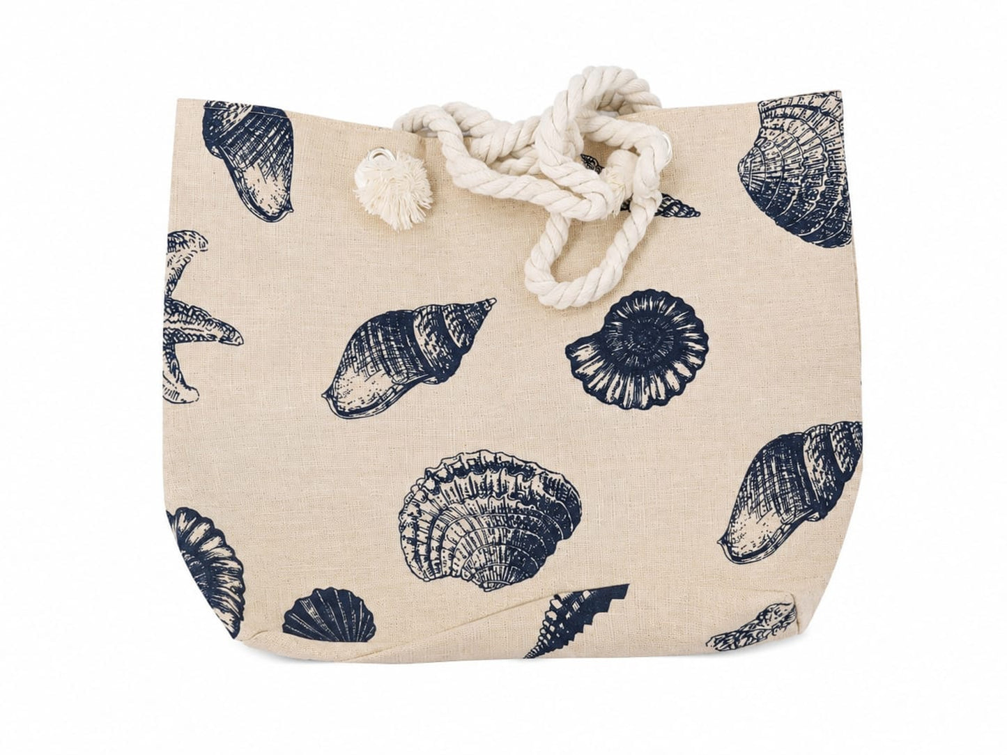 Bolso de Playa de Lona con Estampado de Conchas Marinas y Asas de Cuerda.