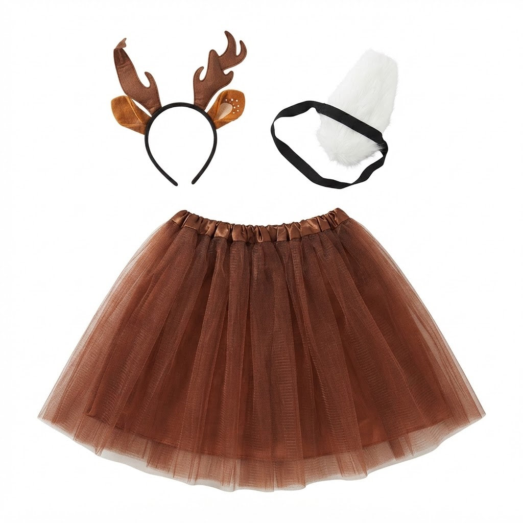 Disfraz de reno con falda tutú marrón y diadema de astas, ideal para fiestas temáticas o navideñas.