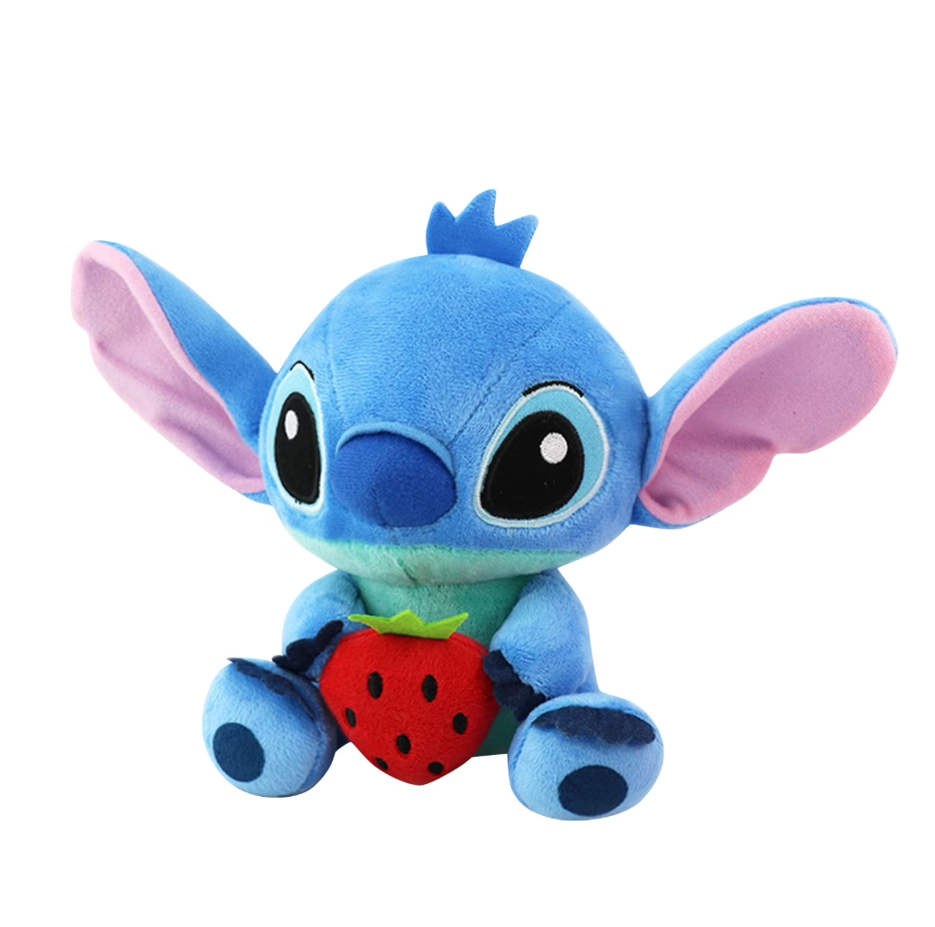 Peluche de Stitch sosteniendo una fresa roja.