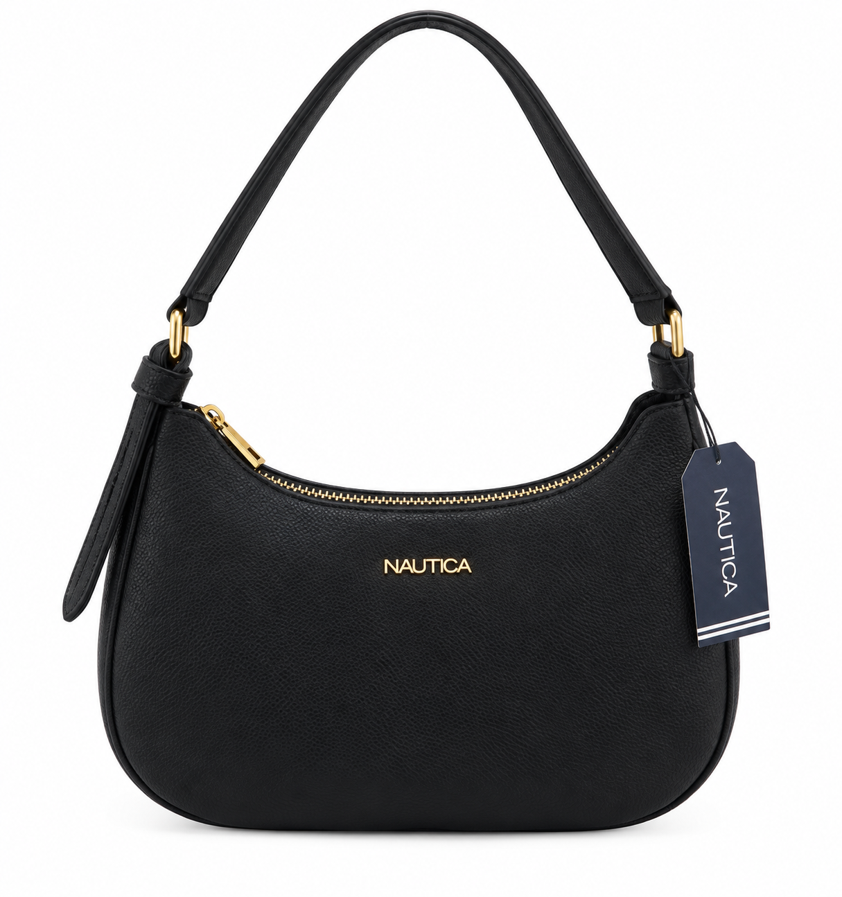 Bolso de Hombro Negro con Cierre de Cremallera y Herrajes Dorados.