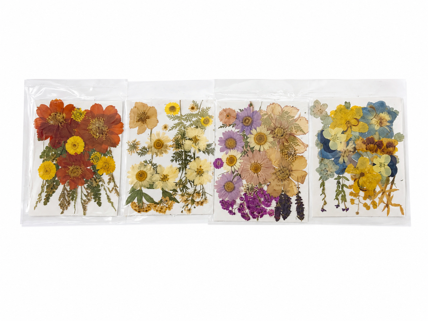 Kit de Flores Naturales Prensadas para Manualidades y Decoración, Set de 4 Hojas.