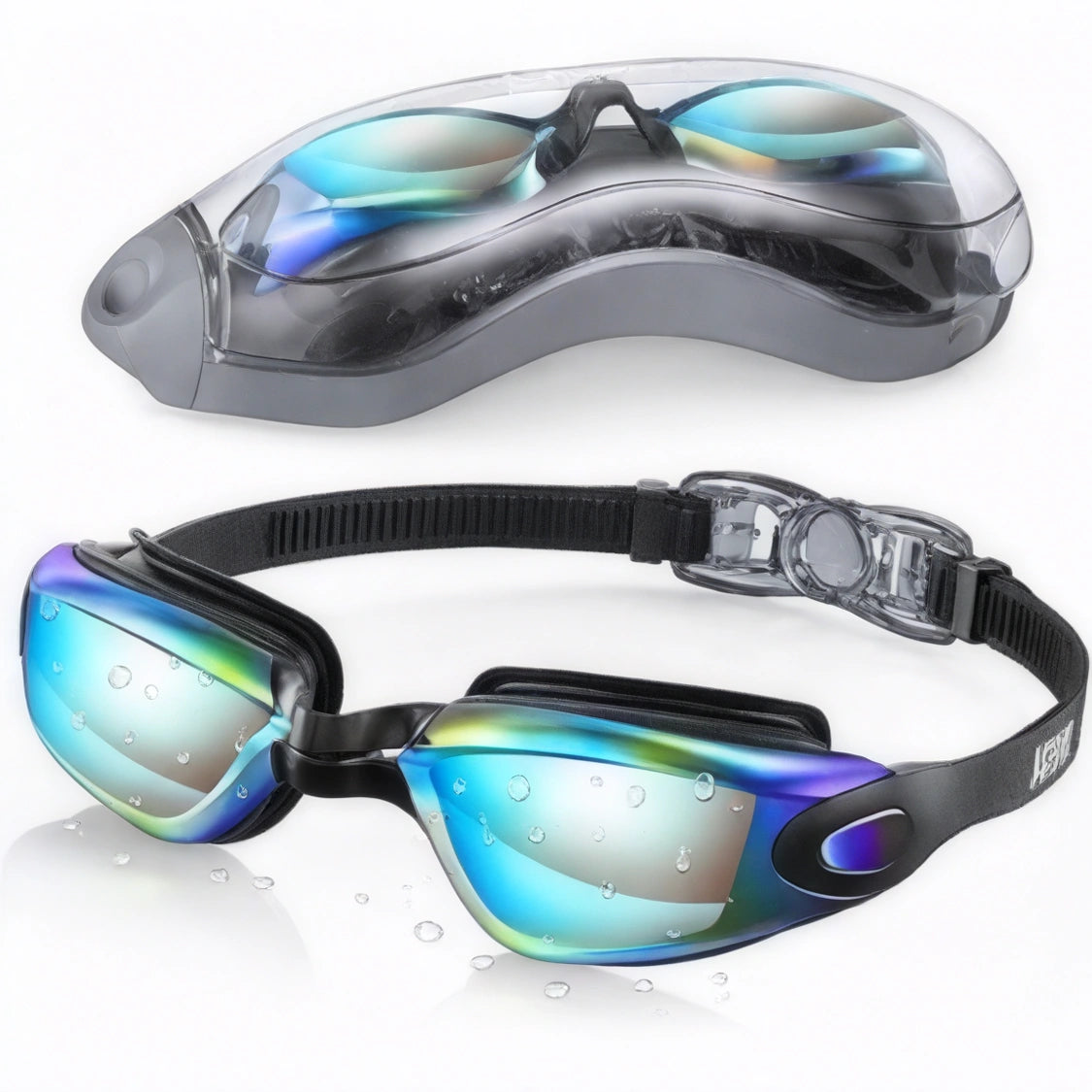 Gafas de natación espejadas, cuentan con una montura de silicona ajustable en color negro.