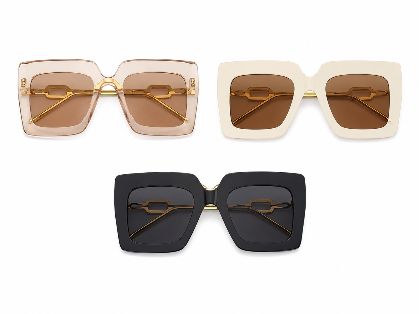 Lote de 3 gafas de sol cuadradas de moda para mujer en colores negro, blanco y beige.