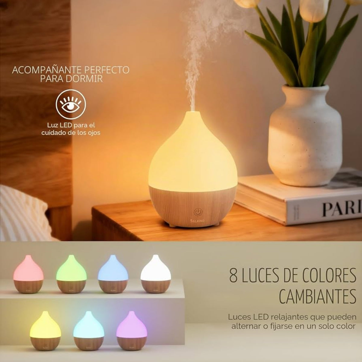 Difusor de aromas ultrasónico con luz LED de 8 colores cambiantes.