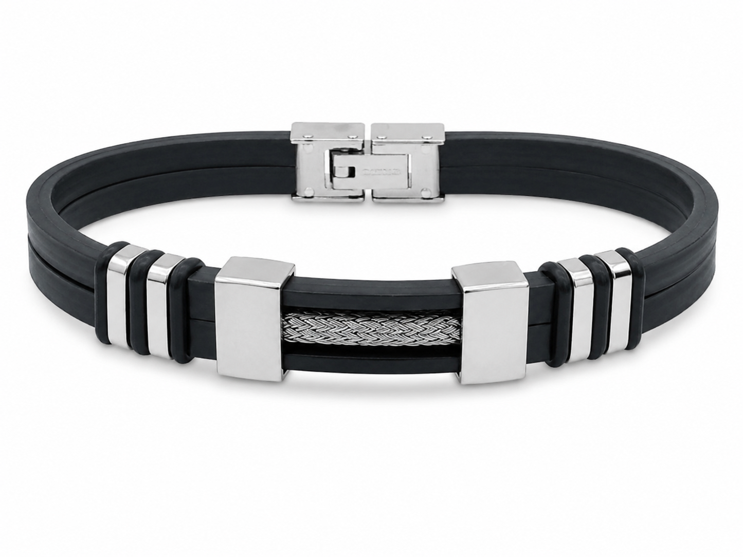 Pulsera Masculina de Silicona Negra con Detalles Metálicos.