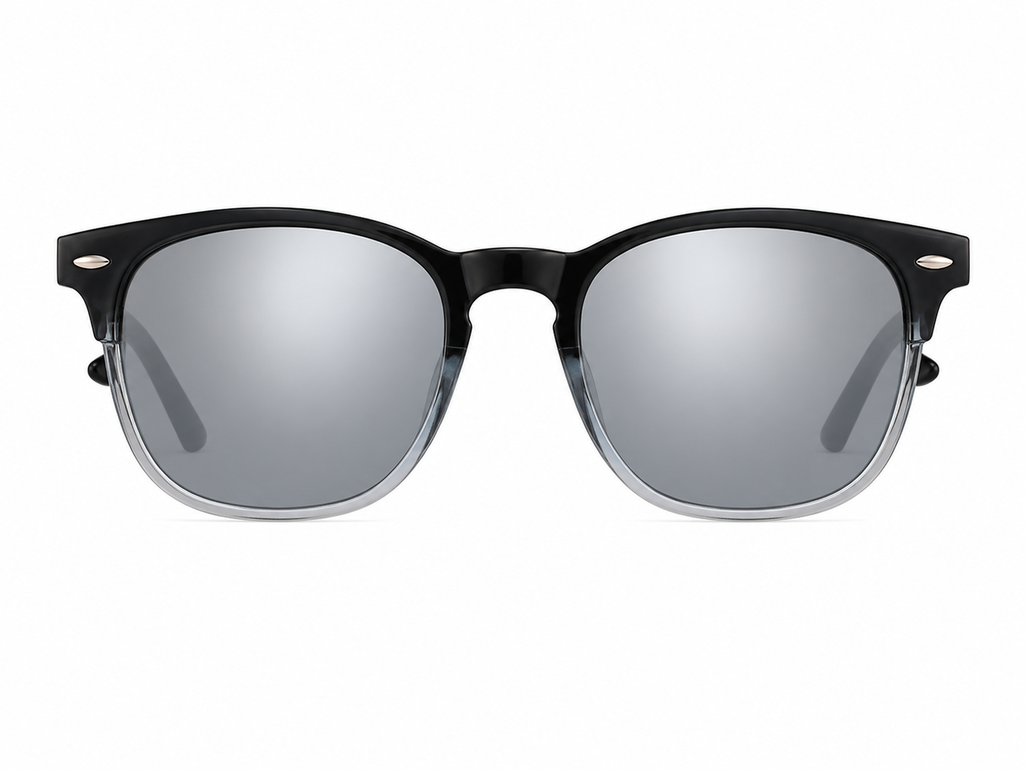 Gafas de sol unisex con montura negra y transparente y lentes ahumados.