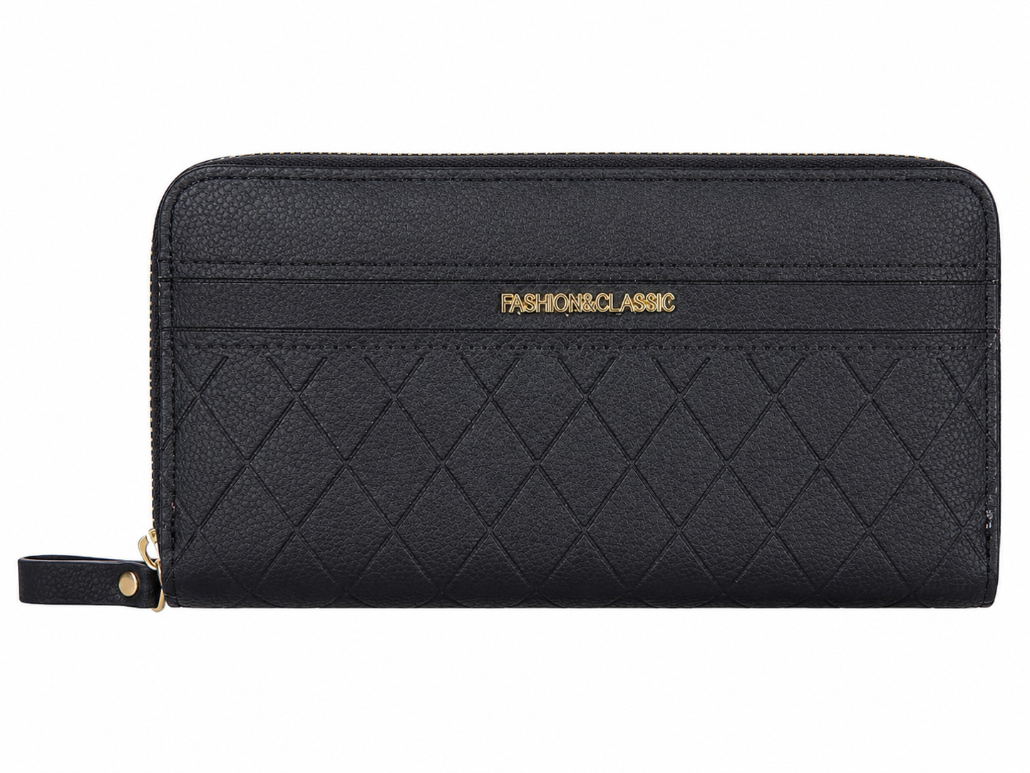 Cartera Larga para Mujer con Cierre de Cremallera Completa, Diseño Acolchado en Relieve, Múltiples Compartimentos y Acabado Negro.