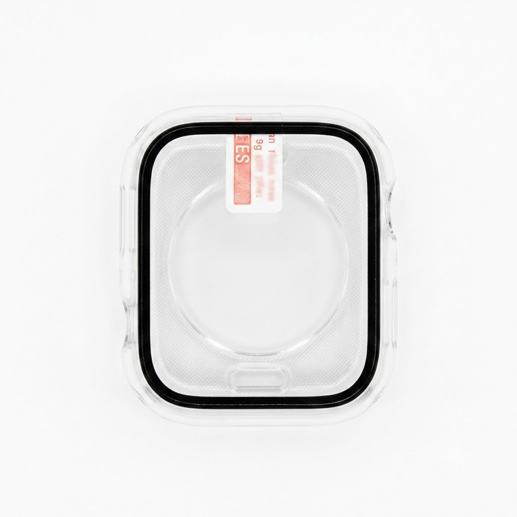 Funda protectora transparente para reloj inteligente con protector de pantalla de vidrio templado integrado.