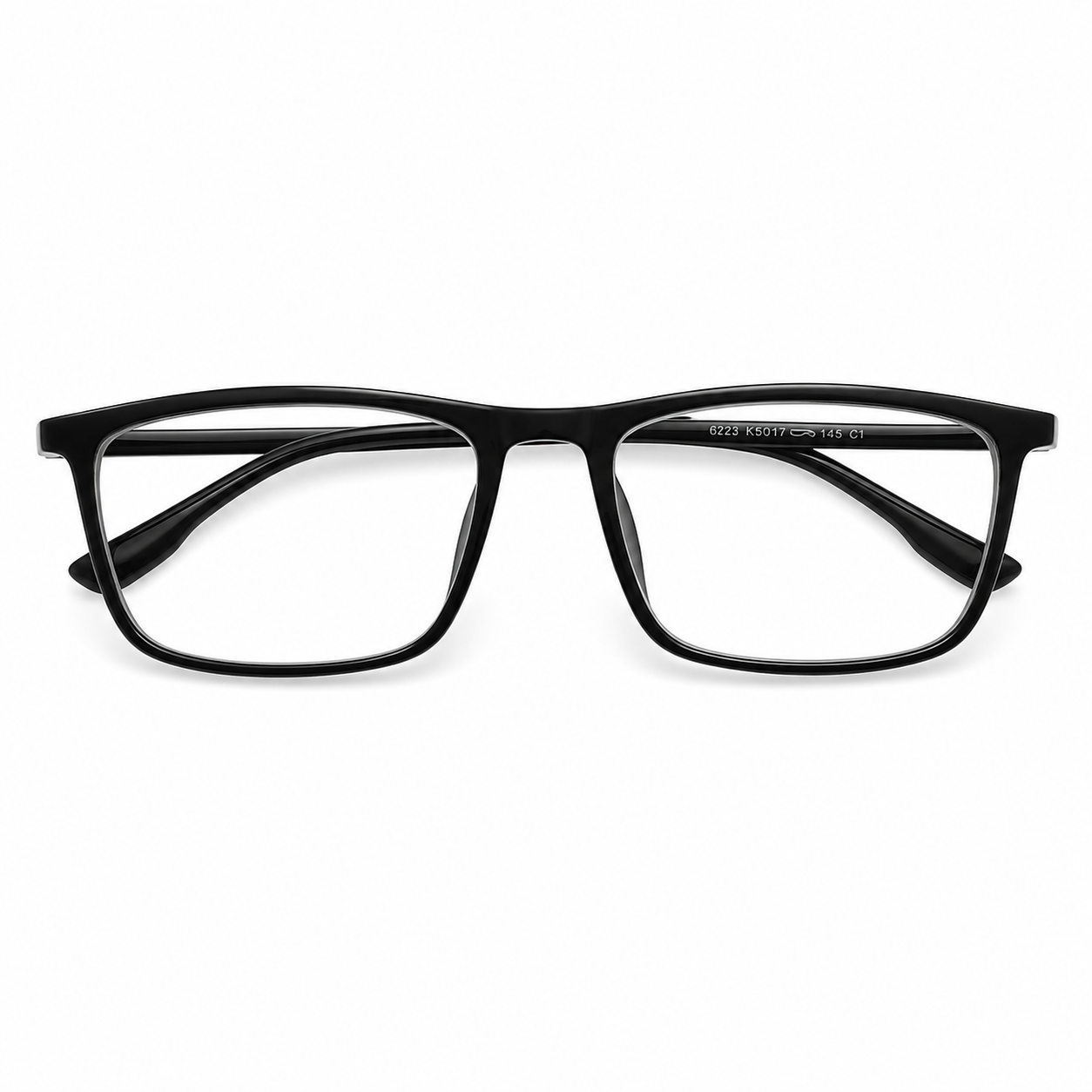 Lentes negros rectangulares con cristales transparentes.