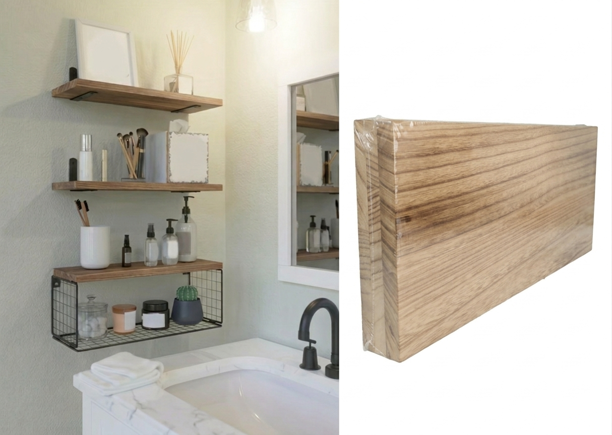 Estantes flotantes de pared para baño con canasta de alambre, estilo de madera natural.