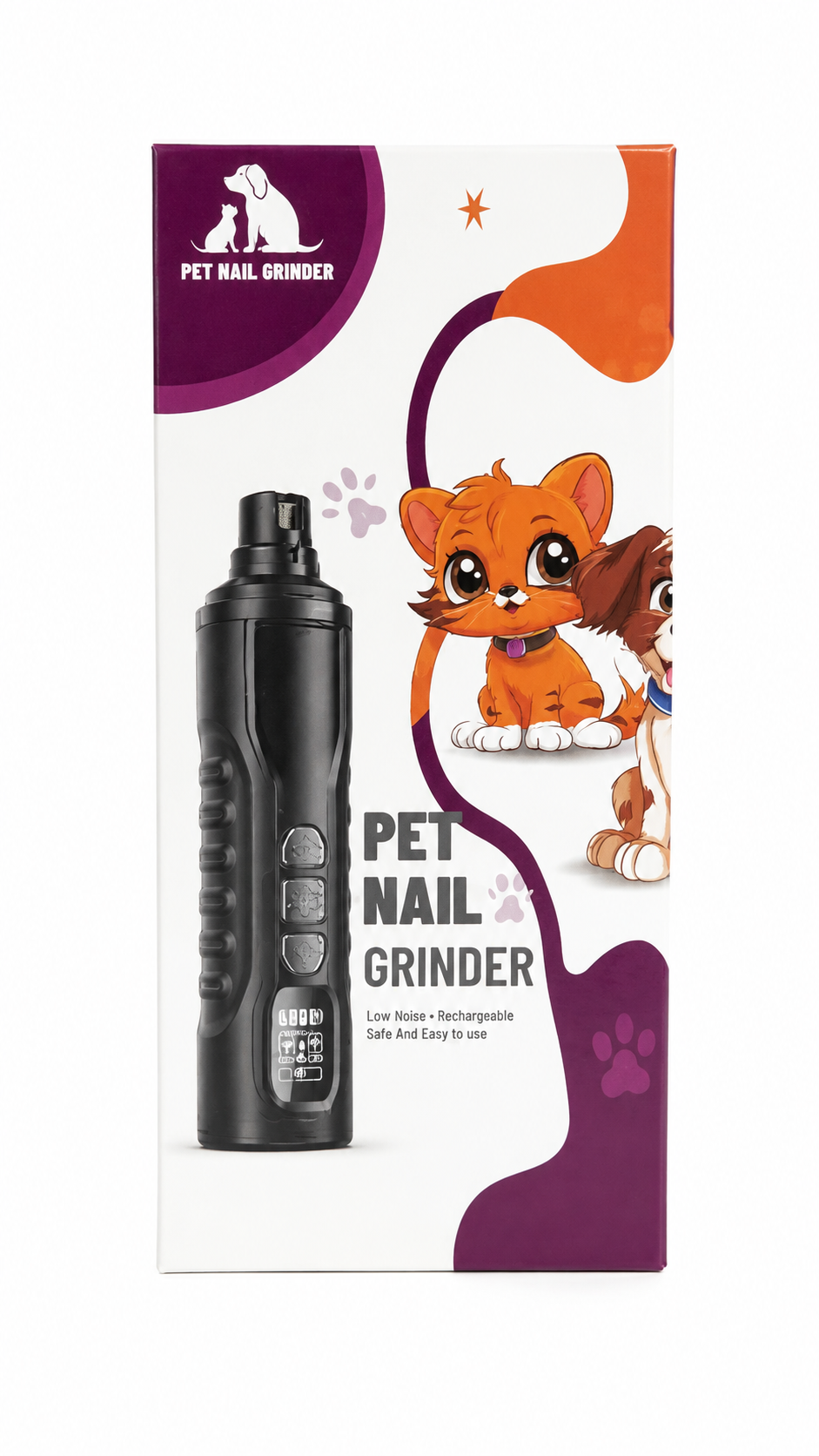 Cortador de uñas eléctrico recargable para mascotas con diseño portátil.