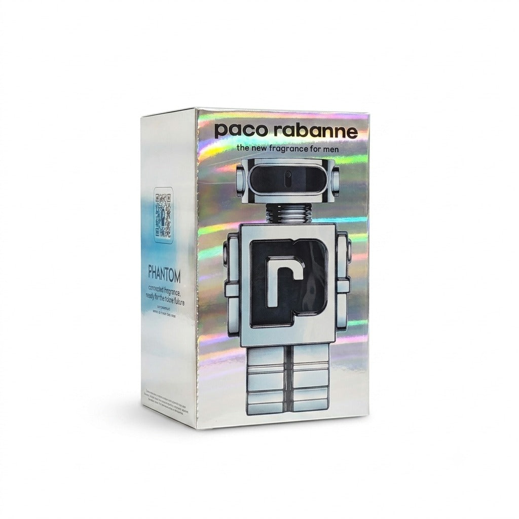 Fragancia masculina presentada en una botella metálica con forma de robot.
