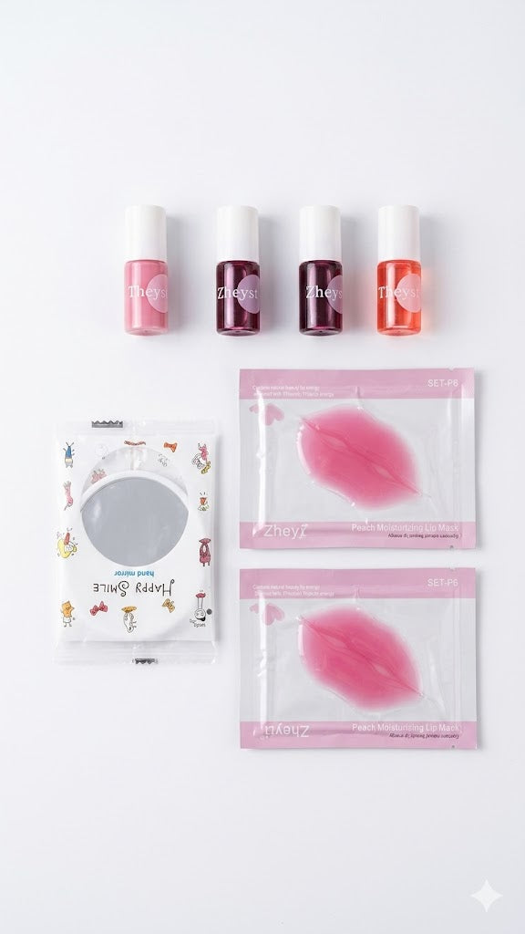 Kit de maquillaje incluye tintes labiales coreanos, mascarillas hidratantes para labios y un espejo de mano.