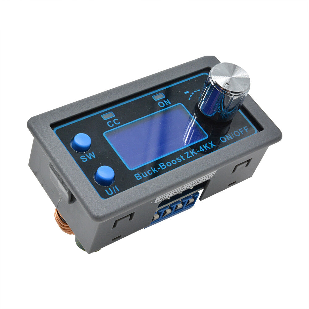 Módulo convertidor DC-DC buck-boost ZK-4KX que permite ajustar tanto el voltaje como la corriente de salida.