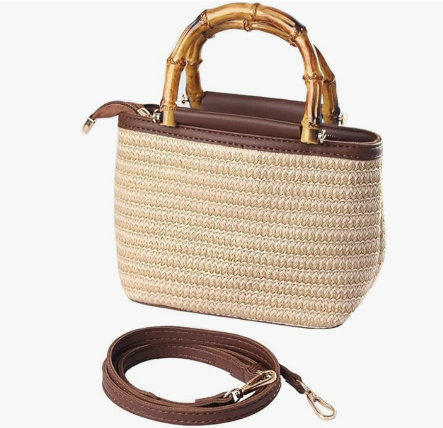 Bolso de paja para mujer pequeño con asa en forma de bambu.