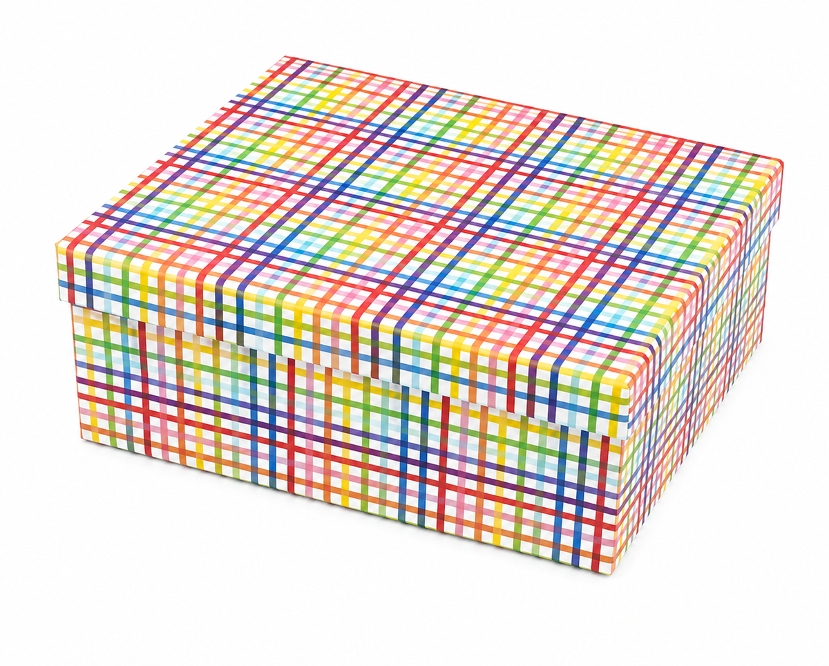 Caja de regalo rectangular con tapa y diseño a cuadros multicolor.