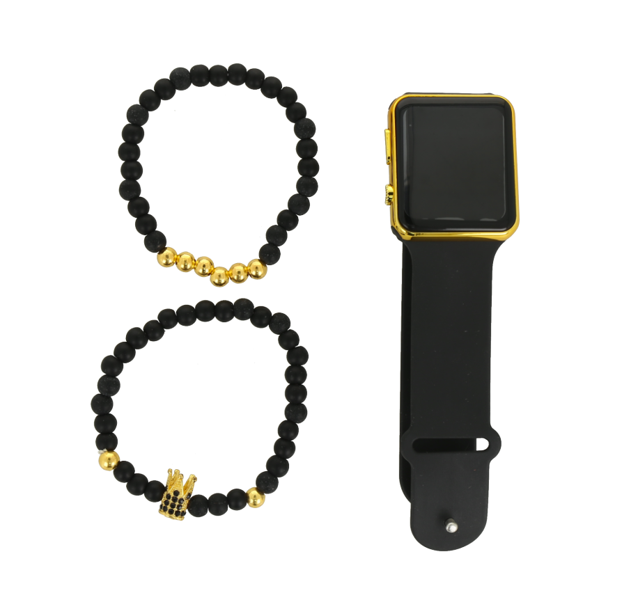 Set reloj digital y brazaletes, color negro con dorado