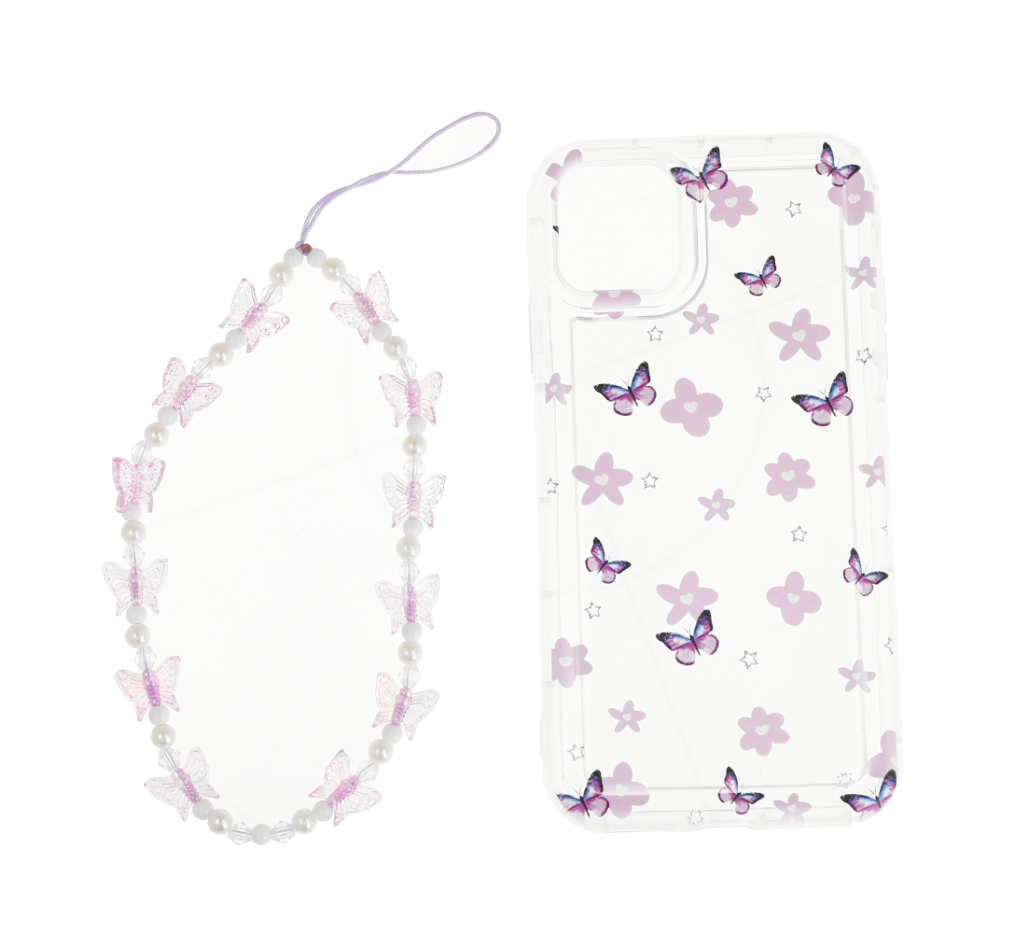 Case para iPhone 11 Pro max con estampado de mariposas y correa de muñeca a juego.