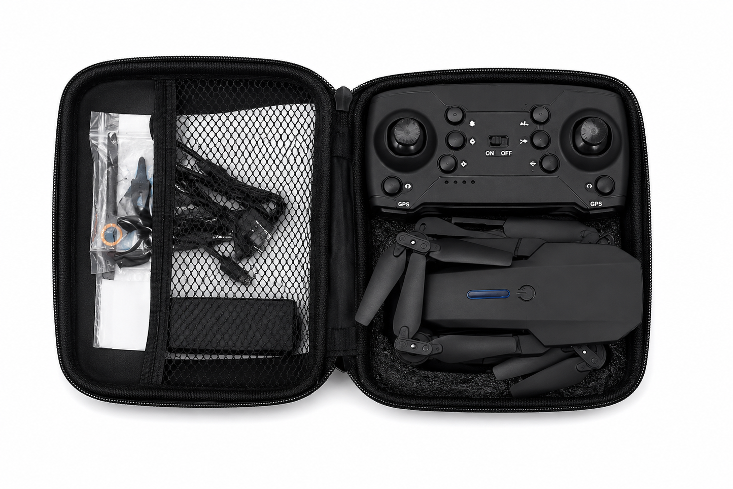Drone plegable con control remoto, estuche de transporte y accesorios.