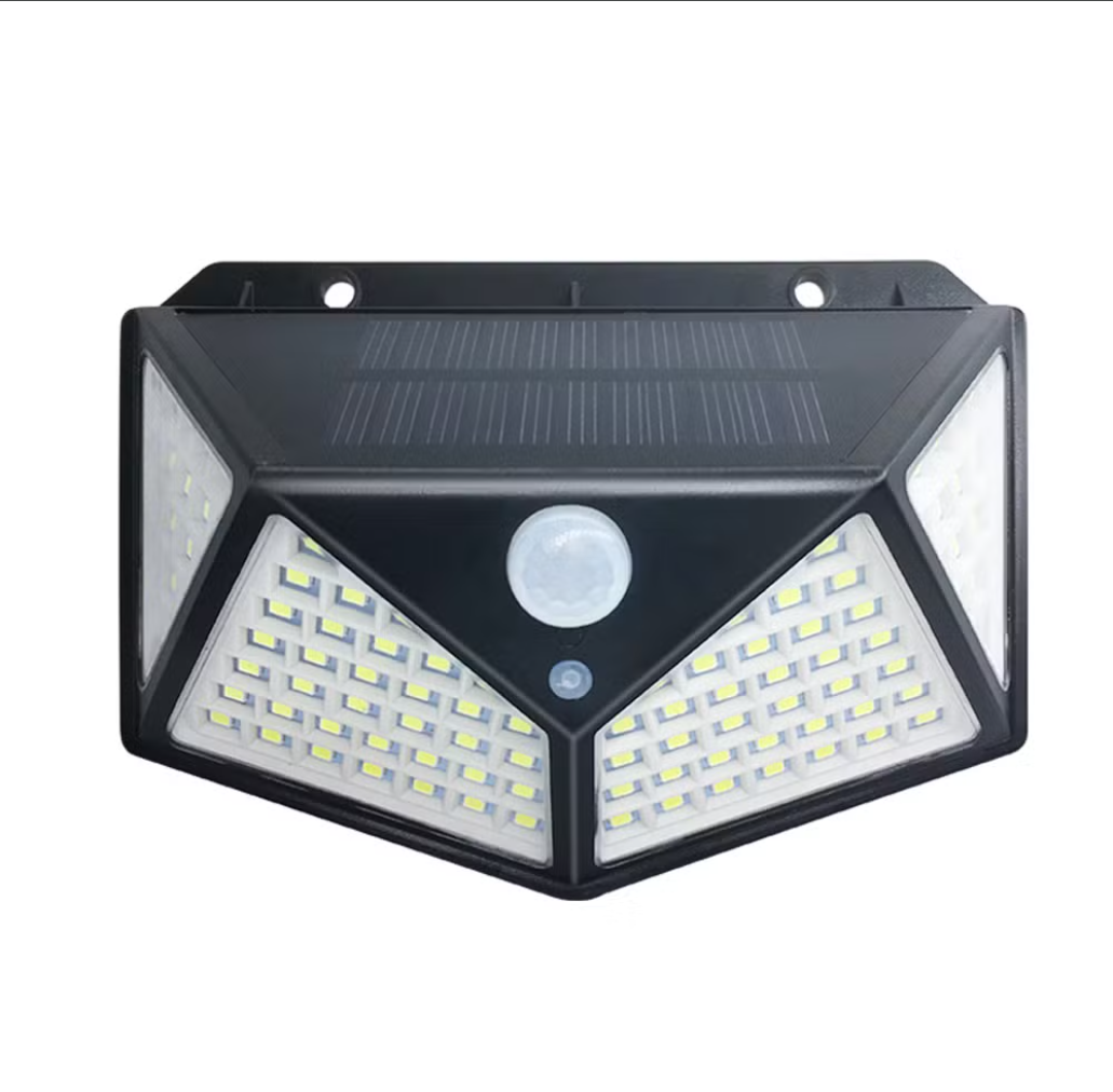 Lámpara solar de pared con 100 luces LED y sensor de movimiento.