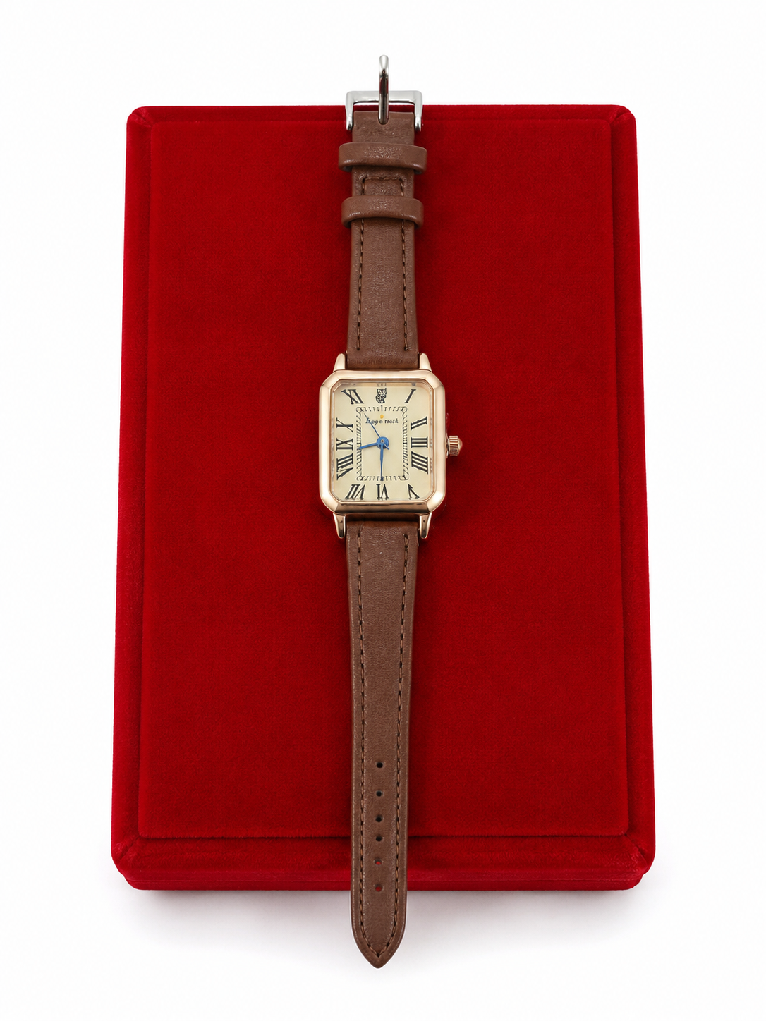 Reloj de Pulsera Rectangular con Correa de Cuero Sintético Marrón y Esfera con Números Romanos.