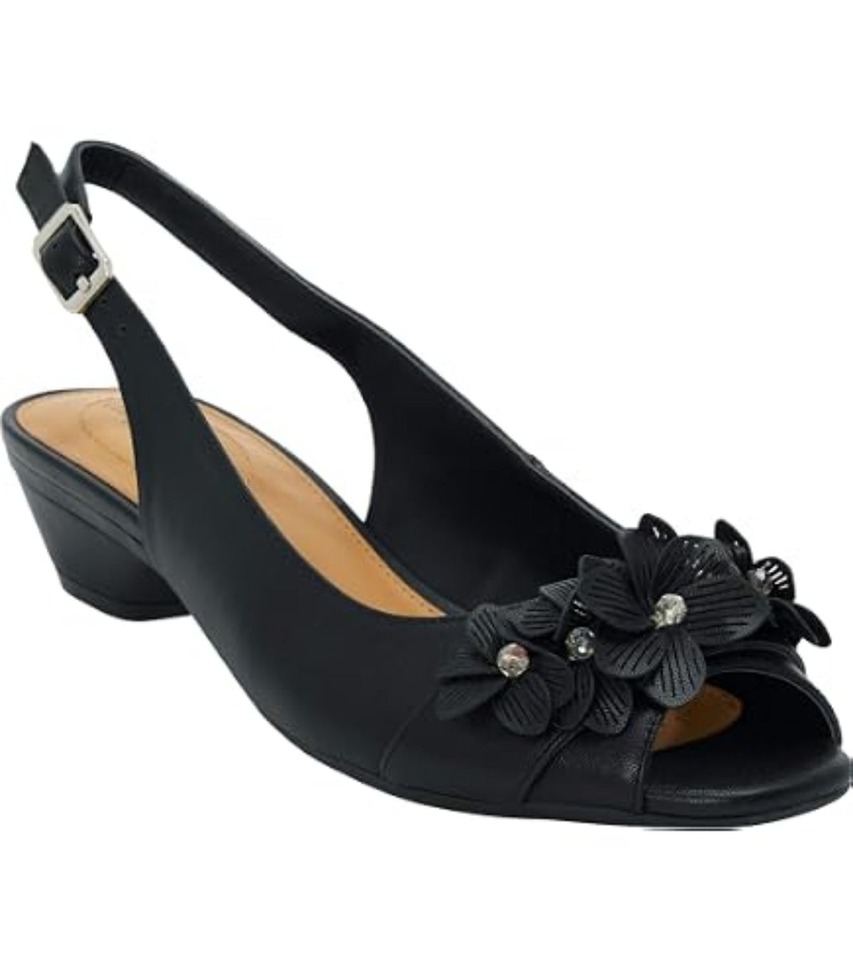 Sandalias de tacón negras con punta abierta, flores decorativas y correa ajustable, talla 8 1/2.