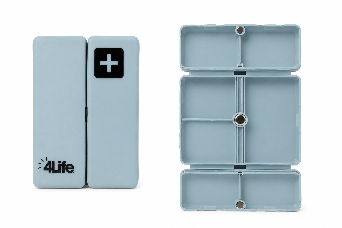 Pastillero Plegable Portátil con Compartimentos Magnéticos Color Azul Claro.