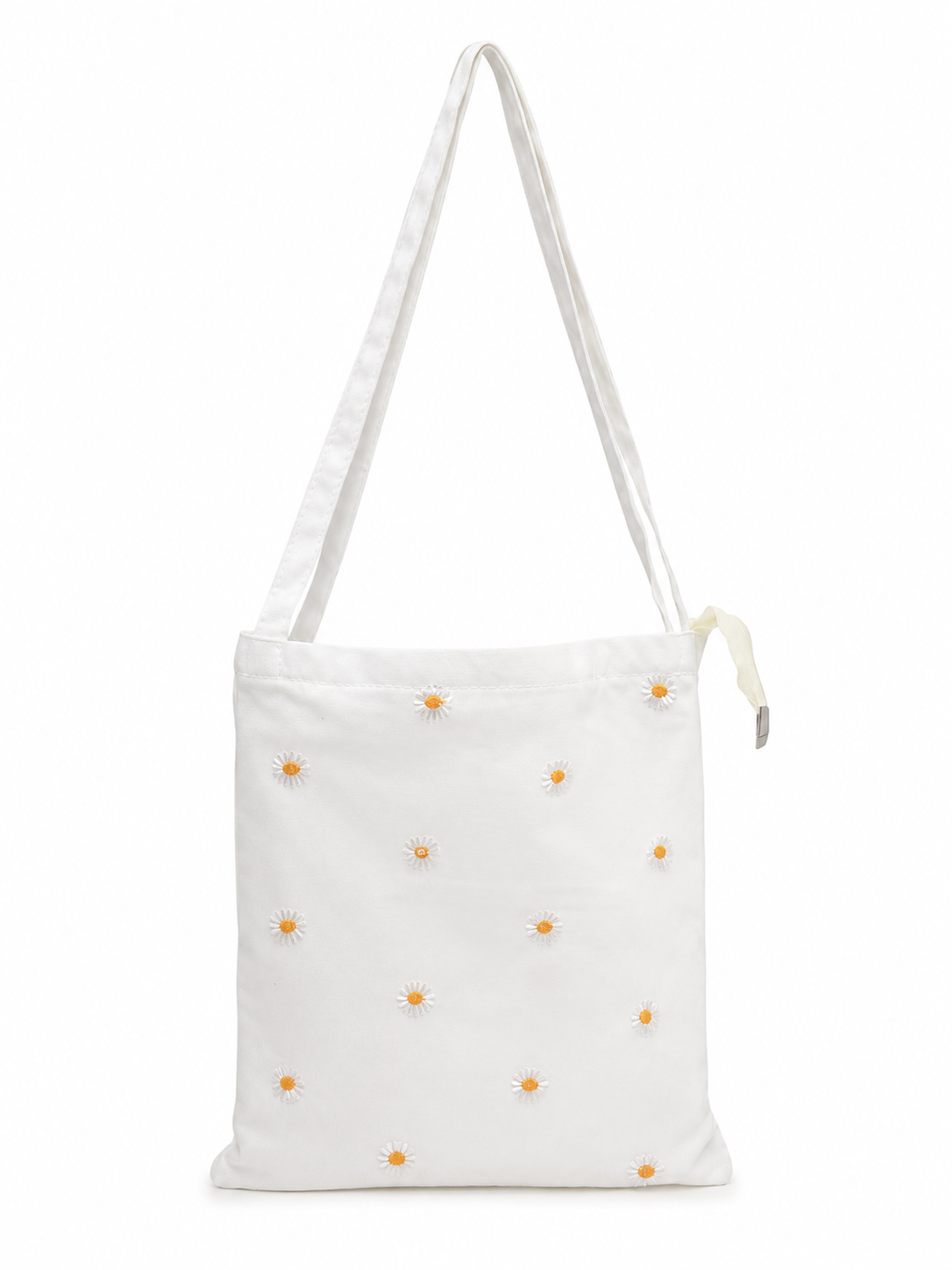Bolso de Hombro de Tela Blanca con Bordado de Margaritas.