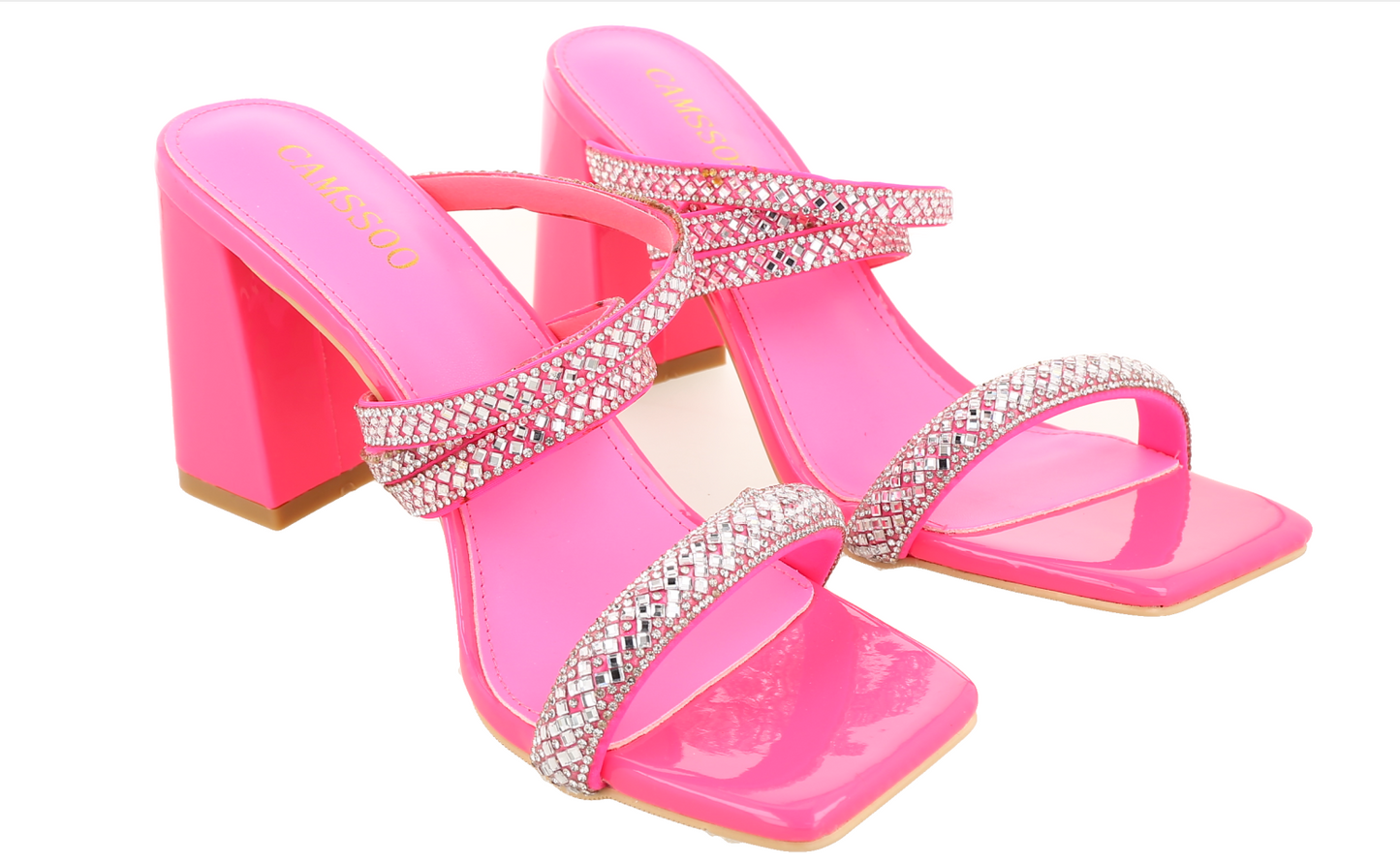 Zapatillas fucsia de tacón ancho con tiras adornadas con cristales, size 40.