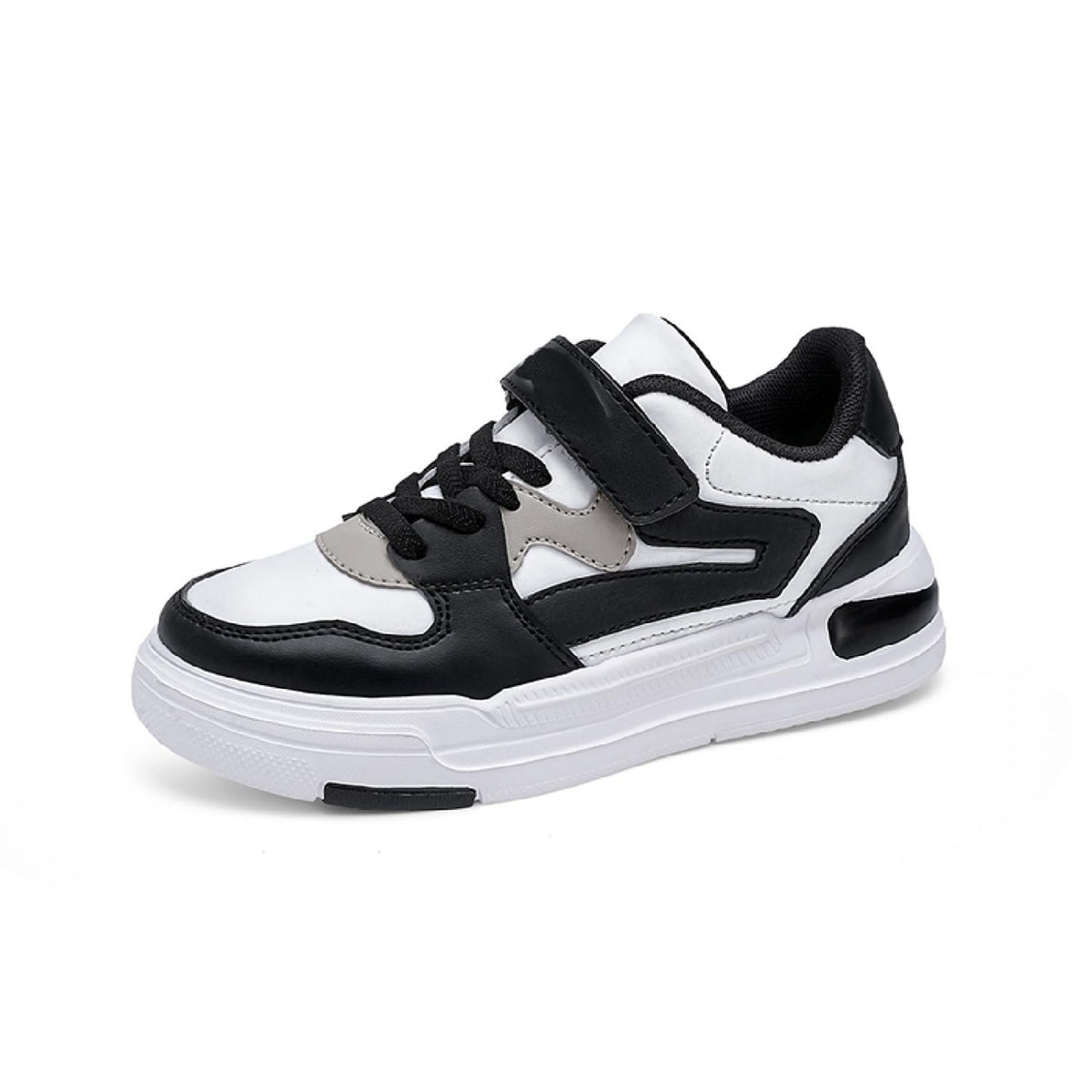 Tenis deportivos infantiles blancos y negros con cordones y cierre ajustable, talla 28.