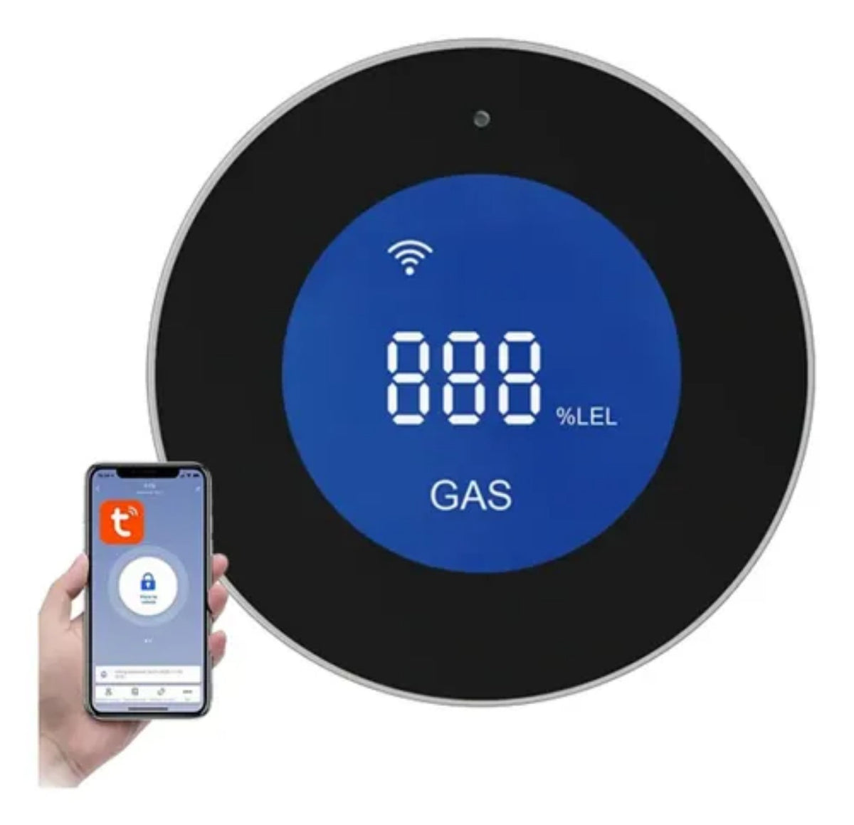 Detector inteligente de fugas de gas con pantalla digital y conexión Wi-Fi.