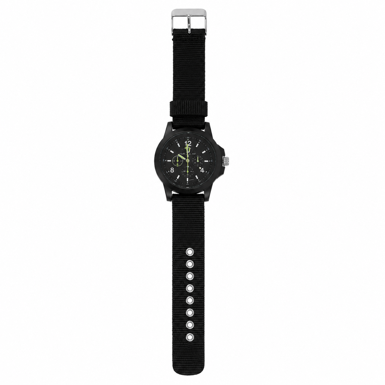 Reloj de pulsera negro con correa ajustable y esfera multifunción.