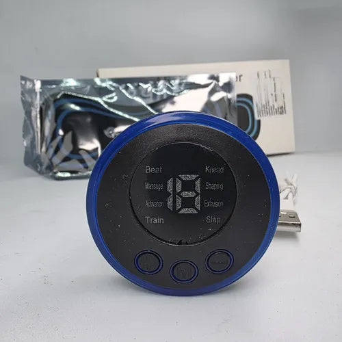 Mini masajeador portátil recargable con pantalla LCD, diseñado para aliviar dolores musculares mediante estimulación eléctrica.