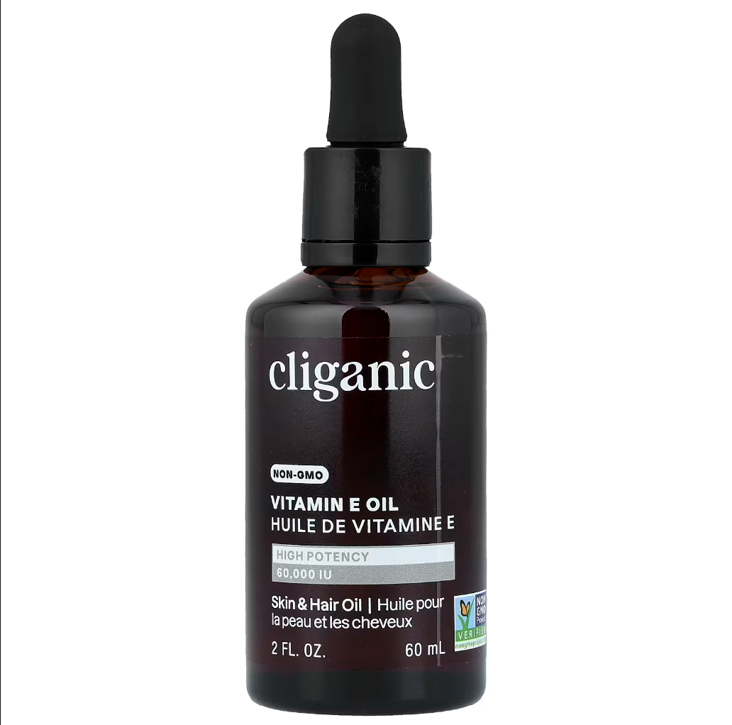 Aceite de Vitamina E en una botella de vidrio ámbar de 2 oz (60 ml) con gotero.