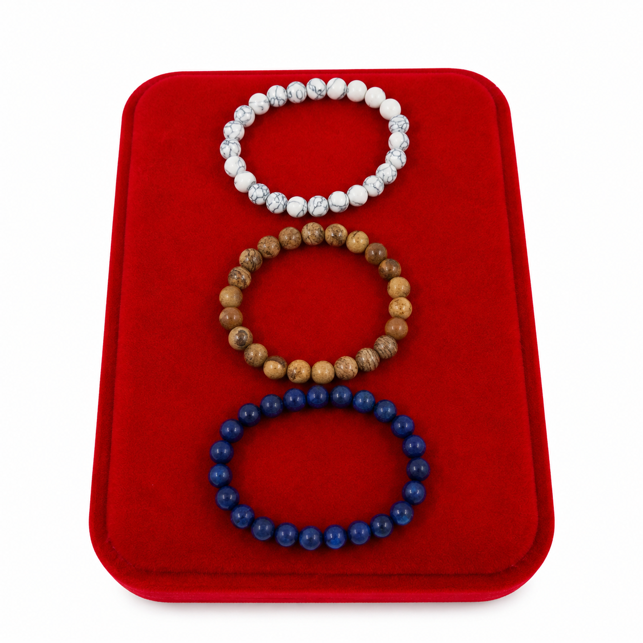 Set de 3 Pulseras Elásticas de Cuentas Naturales en Colores Blanco Mármol, Madera y Azul Oscuro.
