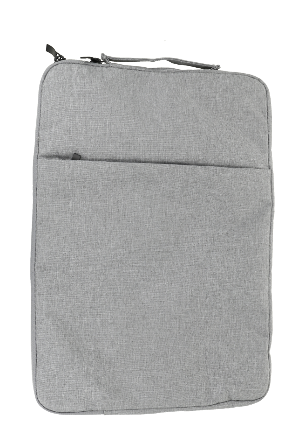 Funda de poliéster gris para computadora portátil con bolsillo frontal y asa superior.