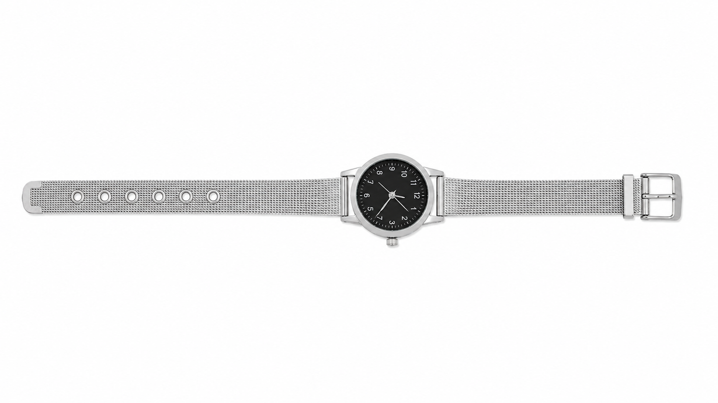 Reloj de Pulsera Analógico con Correa de Malla Plateada y Esfera Negra.