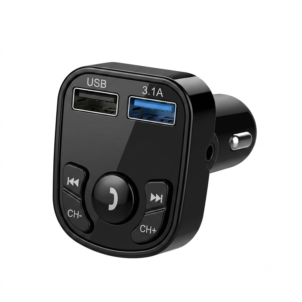 Transmisor Bluetooth para automóvil, con dos puertos USB, controles de reproducción y micrófono para llamadas manos libres.
