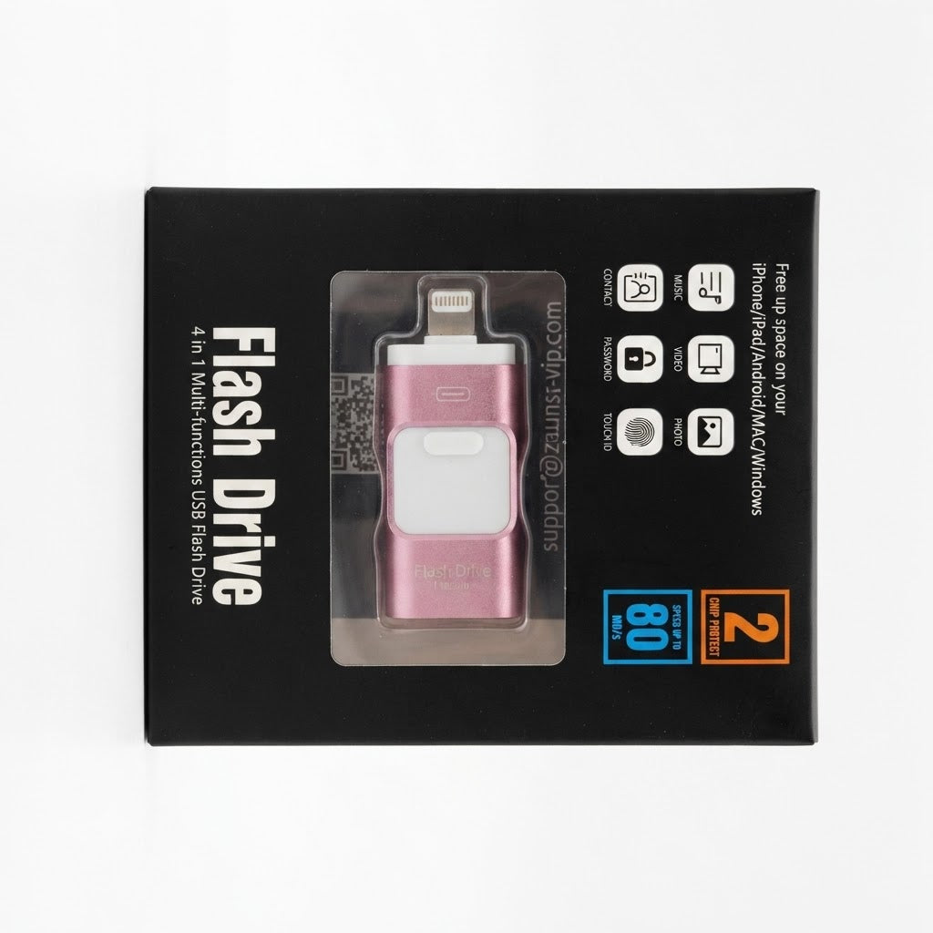 Unidad flash USB 4 en 1 de 25 GB, compatible con iPhone, iPad, Android, Mac y PC.