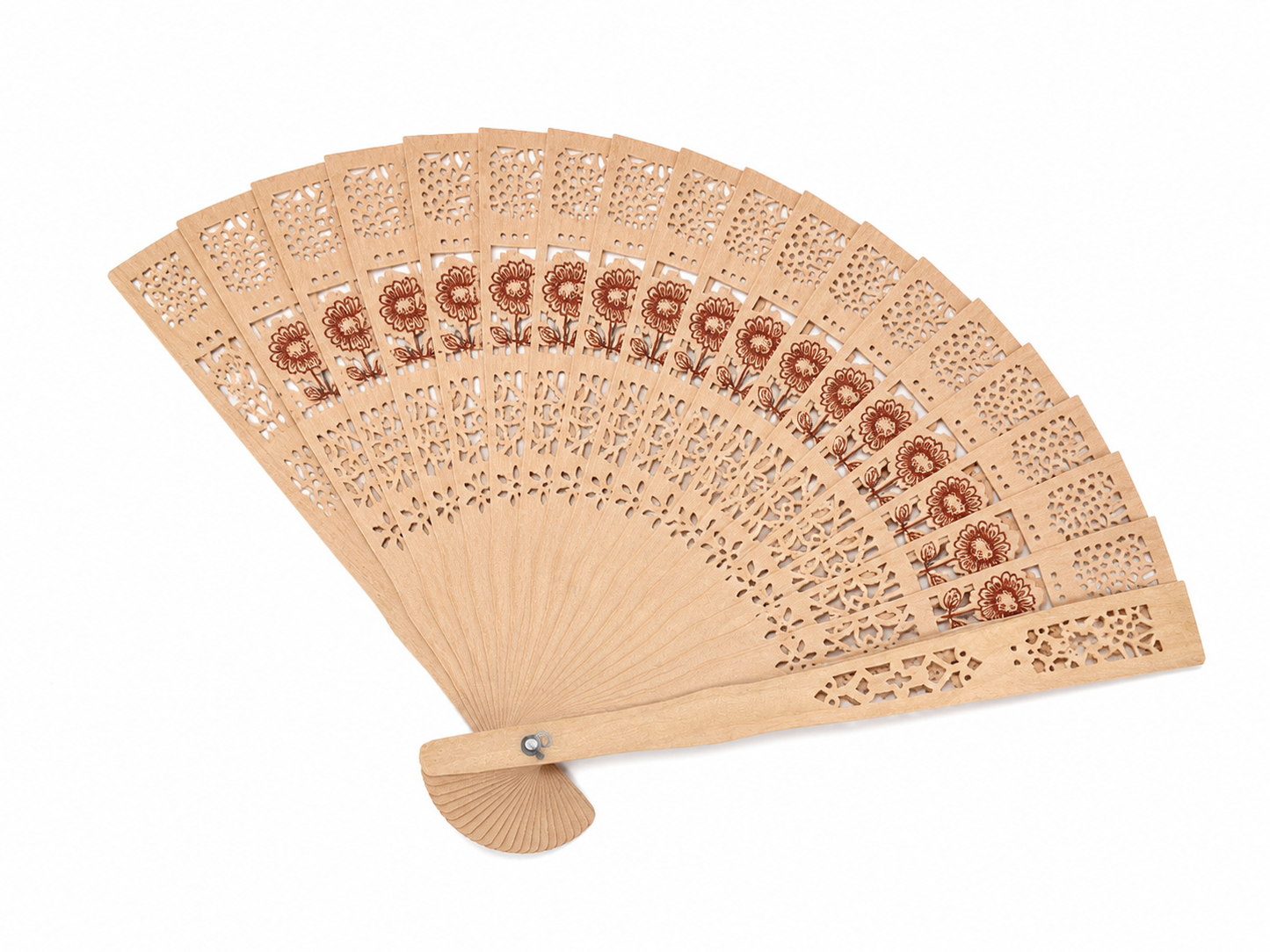 Abanico Plegable de Madera con Diseño Floral Calado.