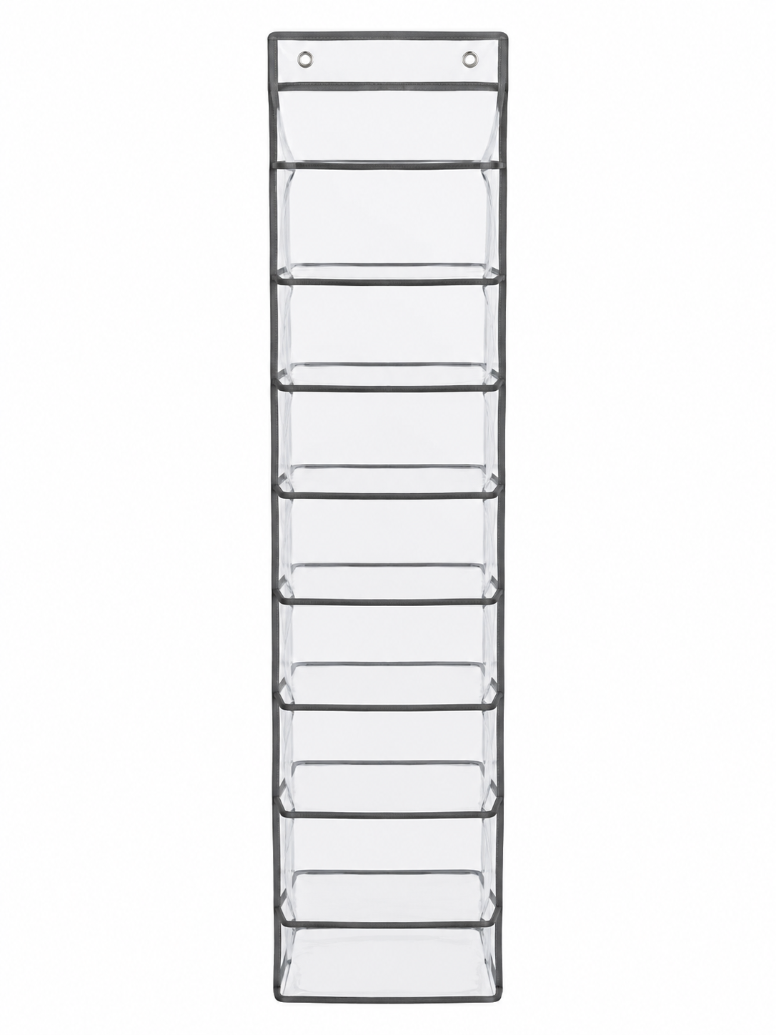 Organizador Colgante Transparente con 5 Compartimentos y Bordes Negros.