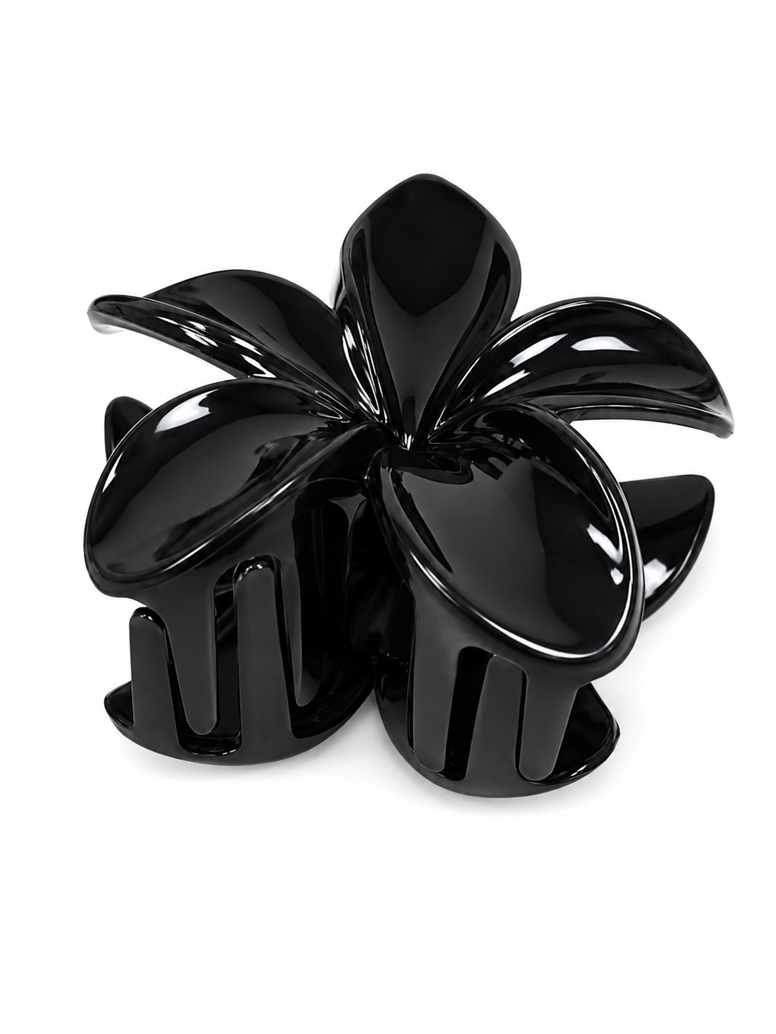 Pinza para cabello con diseño de flor color negro brillante.
