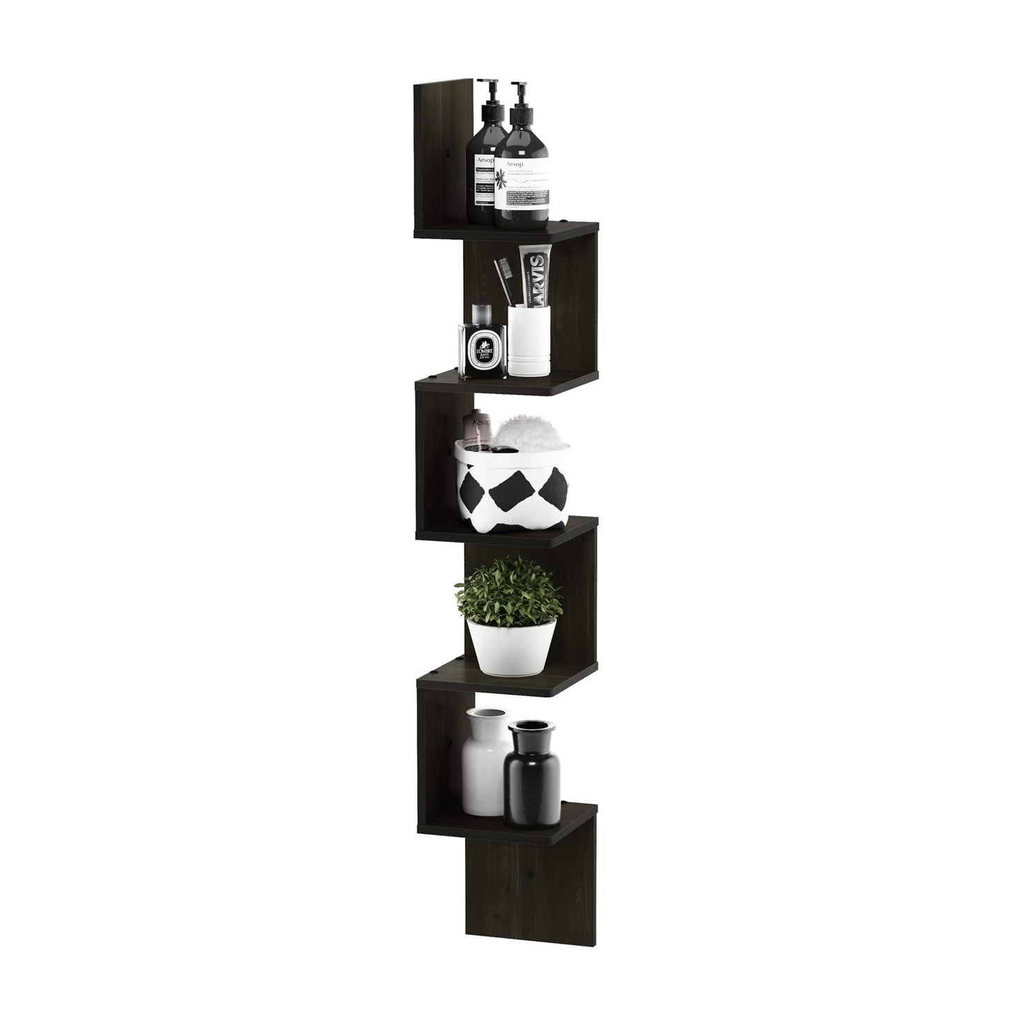 Estantería radial para esquina de pared, montaje flotante de 3 niveles.