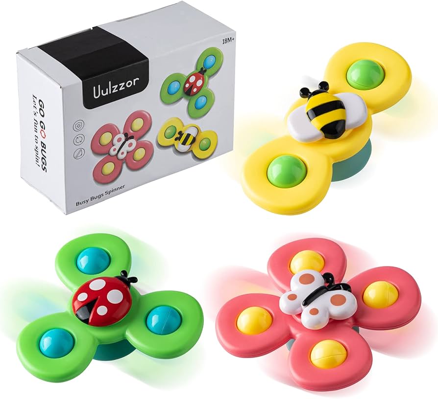 Juguetes giratorios sensoriales con forma de insectos mariquita, abeja, mariposa diseñados con ventosas para adherirse a superficies lisas como ventanas o bañeras.
